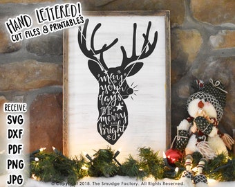 Rendier SVG Gesneden vijl, Herten SVG, Vrolijk en Helder, Silhouet Cricut Kerst hert SVG Snijvijl, Hand beletterd, Kerstmis afdrukbaar