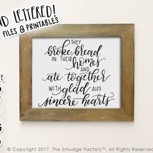 Bible Verse Printable SVG, They Broke Bread, Hand Lettered Wall Art, Christian Dining Room Art, DIY Print, Graphic Overlay, Kitchen Print