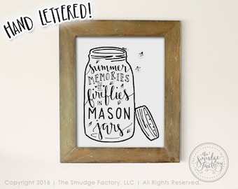 Fireflies Mason Jar Print, Hand Lettered Summer Wall Art (Digital Download)
