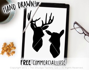 Deer SVG Cut File, Printable Doe And Deer Cutting File, Hand Drawn Clipart, Silhouette, Cricut Download, Buck Antlers SVG, Hunting Graphic