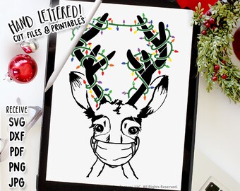 Reindeer with Mask SVG, Christmas Lights, Holiday Cut File