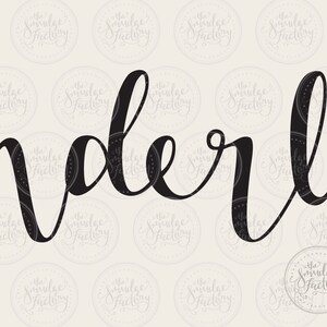 May include: Black and white calligraphy script spelling out the word "wonderful".