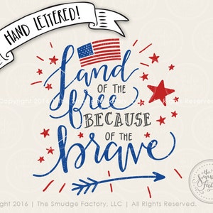 Patriotic Printable File, Land Of The Free DIY Print, Because Of The Brave, July 4th Decoration, Hand Lettered Wall Art, Red White and Blue image 2