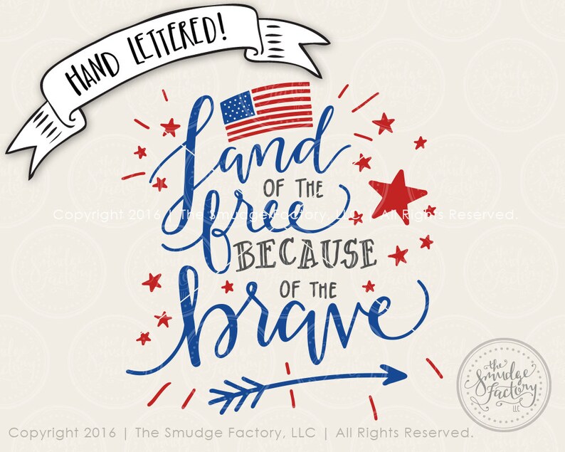 Patriotic Printable File, Land Of The Free DIY Print, Because Of The Brave, July 4th Decoration, Hand Lettered Wall Art, Red White and Blue image 2