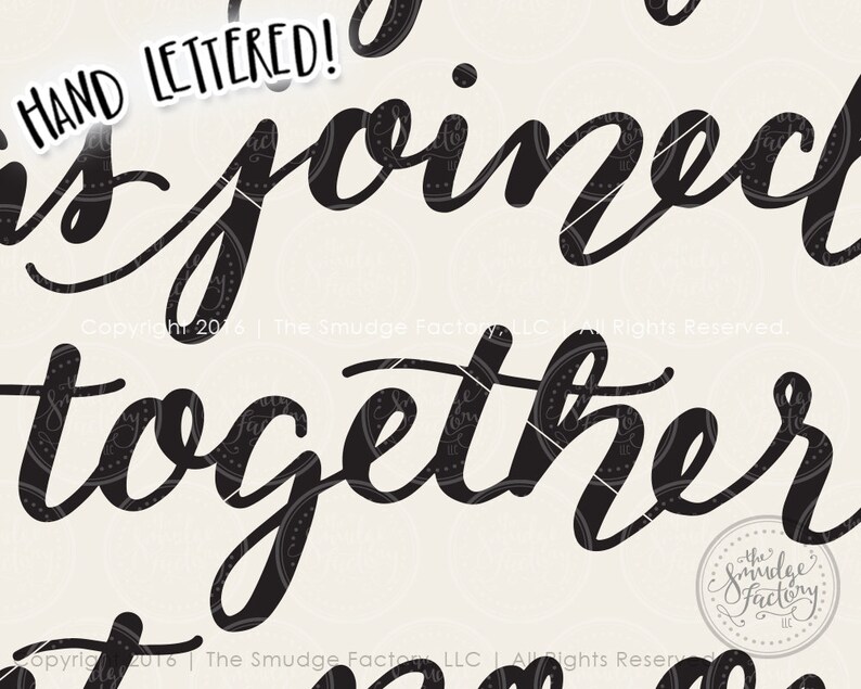 May include: Black and white hand-lettered text that reads "HAND LETTERED! is joined together". The text is in a cursive font and is set against a white background.