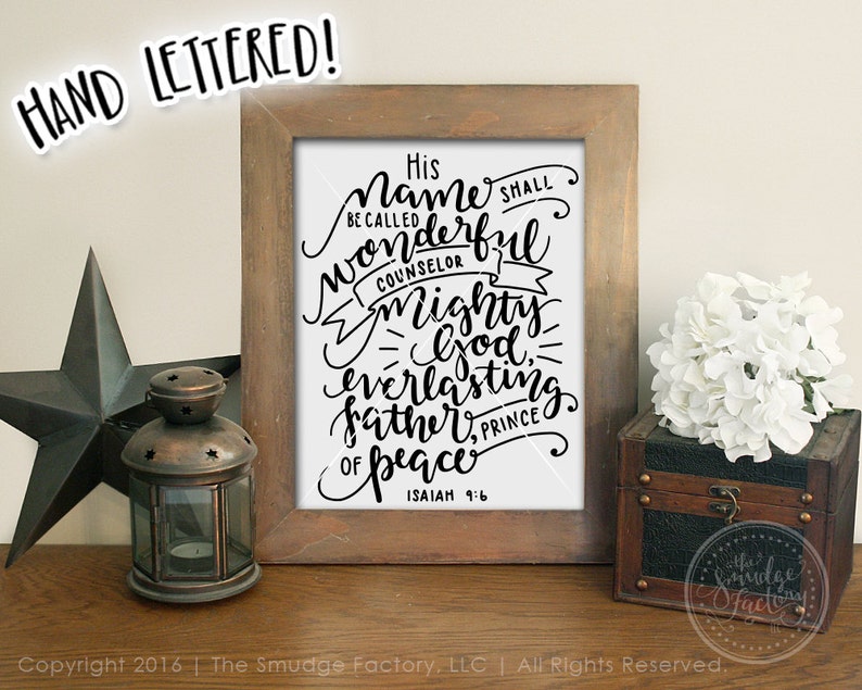 Bible Verse Print, His Name Shall Be Called, Prince Of Peace, Isaiah 9:6, Christian Printable, Hand Lettered Wall Art, Verse Printable image 1