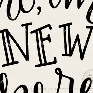 May include: Black and white typography design with the text "NEW."  The text is in a handwritten style font. Copyright information is included at the bottom of the design.