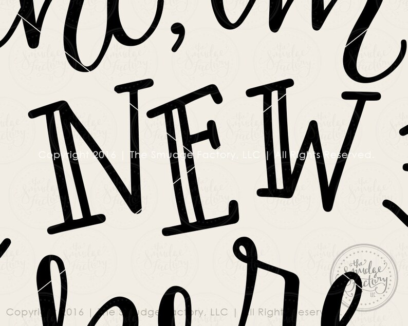 May include: Black and white typography design with the text "NEW."  The text is in a handwritten style font. Copyright information is included at the bottom of the design.