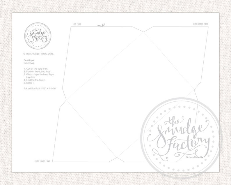 May include: A printable envelope template with instructions for folding and gluing. The template is designed to be cut out and folded into a square envelope. The finished envelope size is 5 7/16" x 4 1/16".