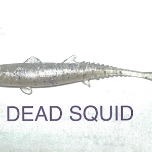 May include: A clear, fish-shaped fishing lure with a textured surface and purple speckles. The lure has fins, a dorsal fin, and a forked tail. The text "DEAD SQUID" is printed below the lure.