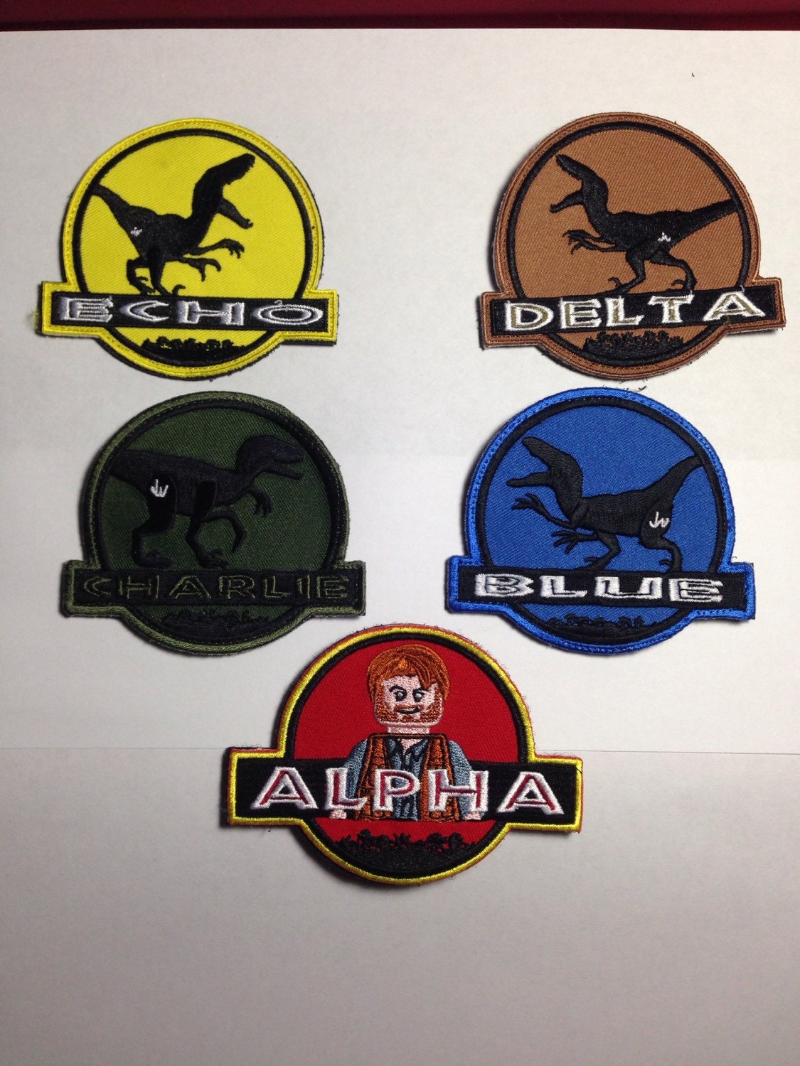 Jurassic World Raptor Alpha, Blue, Charlie, Echo, Delta. embroidered