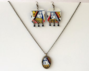 Queens Playing Card Earring and Necklace Set, Vegas Earrings, Bridge Group Gift, Poker Player Gift for Her, Queen of Hearts, Bicycle Cards