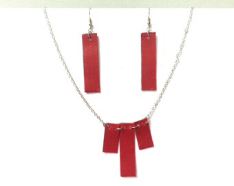 Hand Painted Boho Style Handmade Gift Boxed Matching Set Genuine Leather Tooled Gift Set of Leather Jewelry Earrings and Necklace