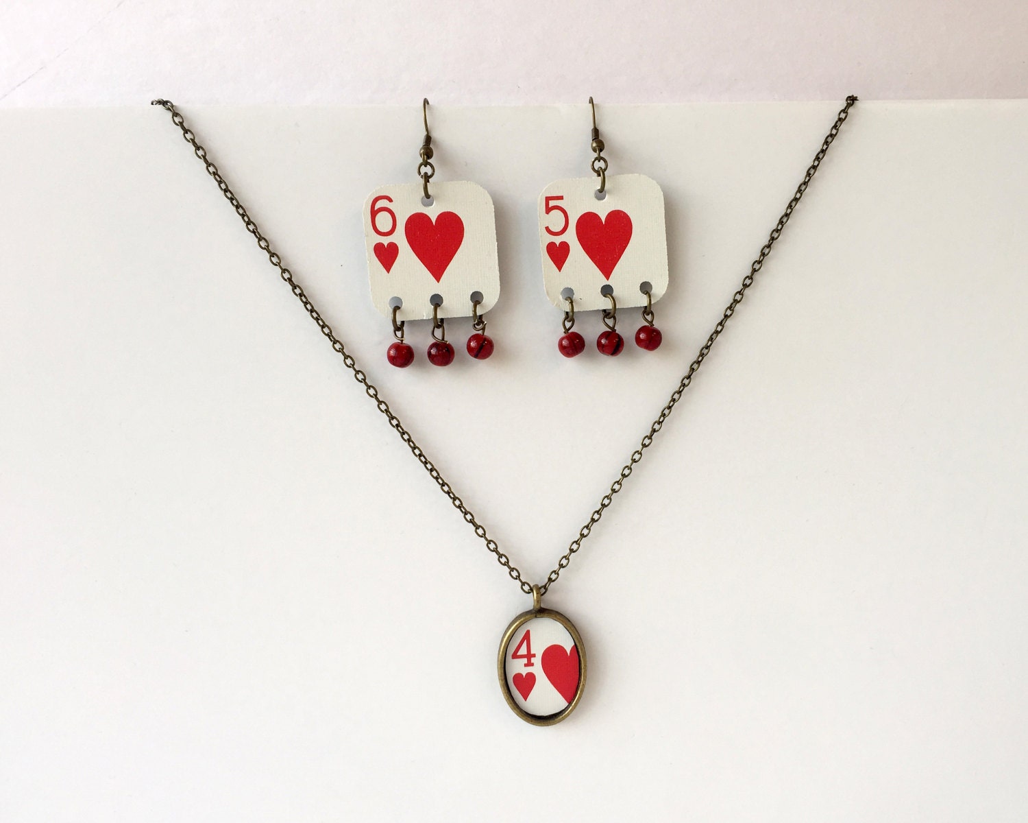 Hearts Playing Card Necklace and Earring Set, Bridge Group Gift, Solitaire Player Gift, Poker Player Gift, Blackjack Gift, Vegas Pendant