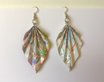 Map Earrings, Origami Earrings, Gift for Travelers, Recycled Atlas Jewelry, Travel Agent Gift, Paper Anniversary, Wanderlust Gift, Souvenier