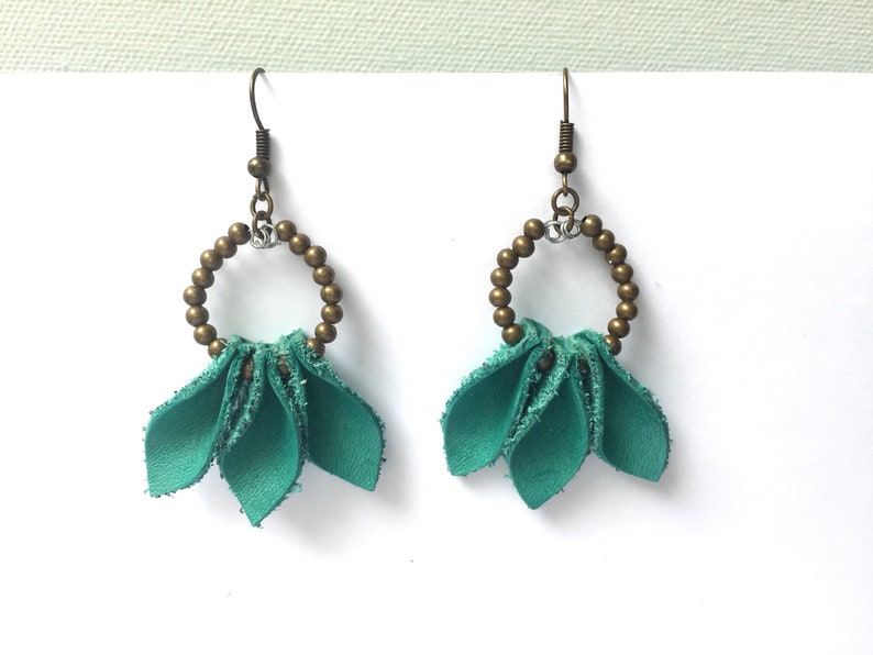 unique earrings leather jewellery eco-friendly gifts real leather gifts for her Teal leather and bead earrings recycled leather jewelry
