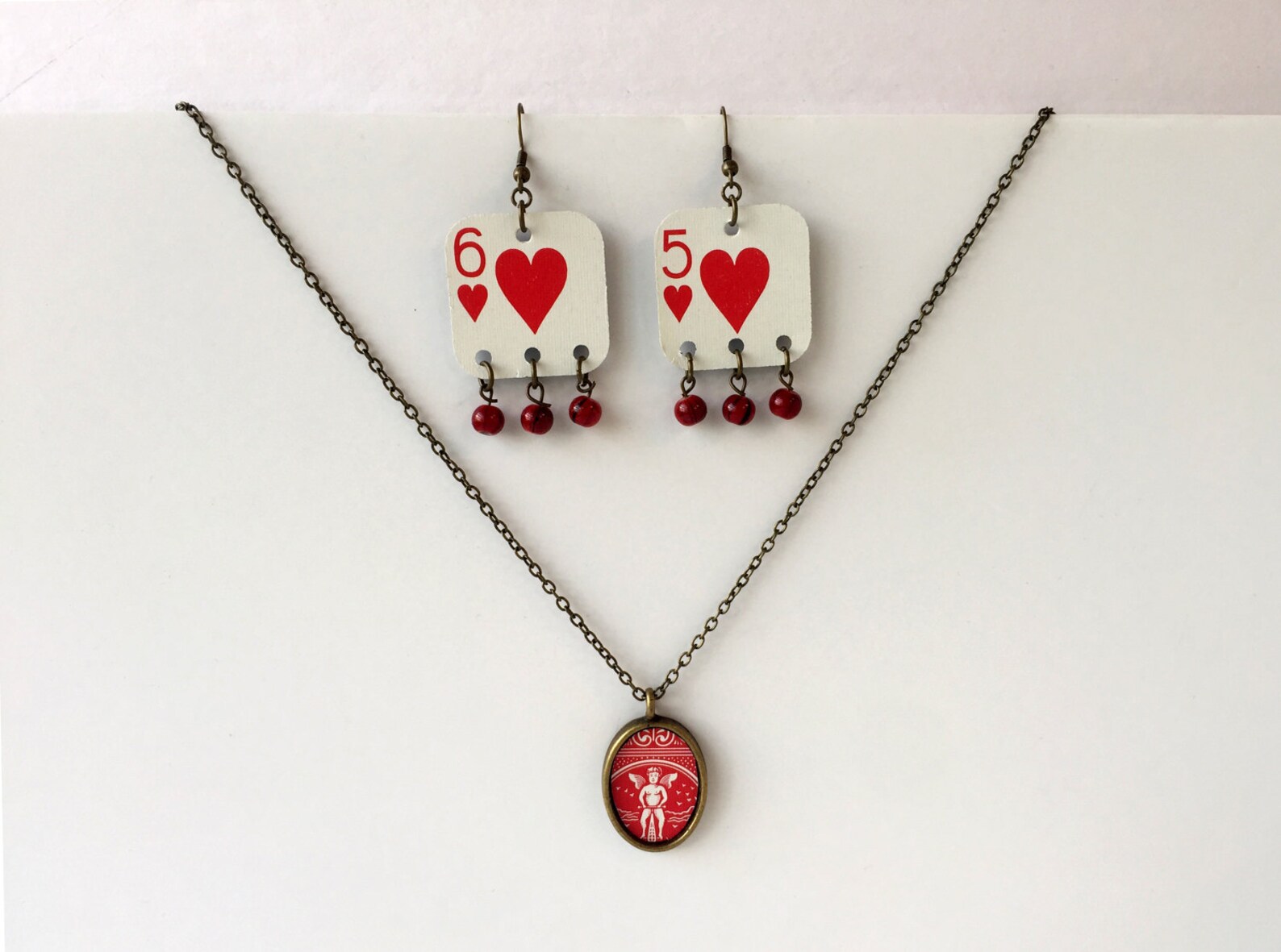 Hearts Playing Card Necklace and Earring Set Bridge Group Etsy
