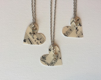 Music Heart Necklace with Musical Note Charm, Pendant from Recycled Sheet Music, Musician Gift, Piano Teacher Gift, Choir Gift, Singer Gift