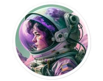 Sticker - Girl Power - Woman Astronaut Brunette - Space Girl Sci-Fi Sticker Design - Kiss Cut- Original Design Art
