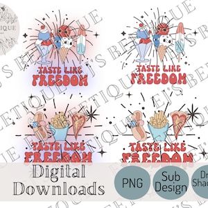 Puede incluir: Cuatro diseños digitales con alimentos temáticos rojo, blanco y azul con el texto "Taste Like Freedom" en una fuente retro. Los diseños incluyen helado, perritos calientes, papas fritas y pizza.