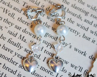 Silver Heart Pearl Clip On Earrings