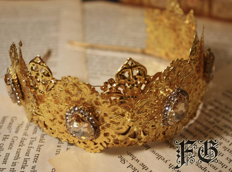 Deluxe Crystal Crown Tiara Headband Gold Champagne