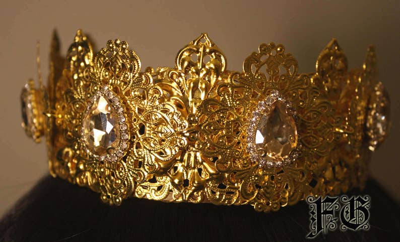 Deluxe Crystal Crown Tiara Headband Gold Champagne