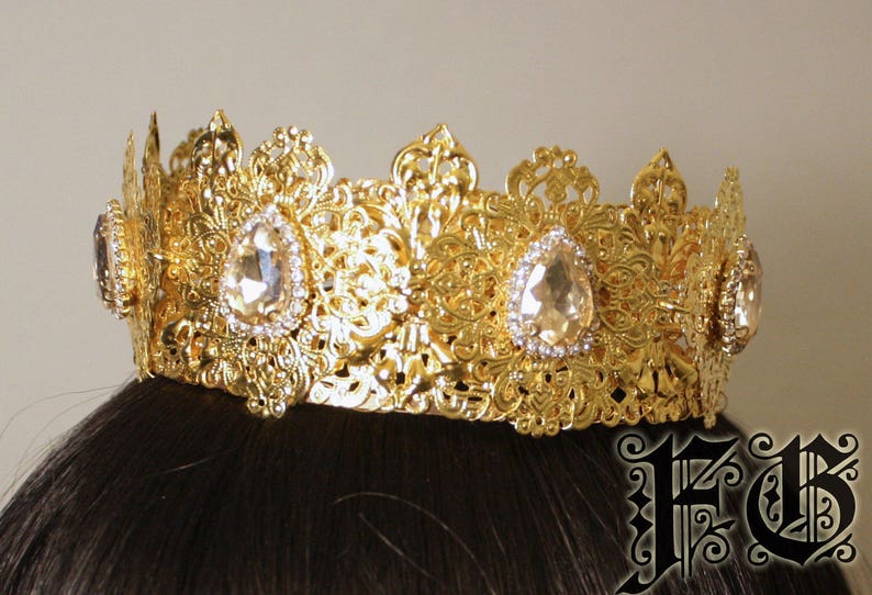 Deluxe Crystal Crown Tiara Headband Gold Champagne