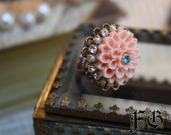 SALE A3DK Lovely Chrysanthemum Floral Crystal Ring - Copper