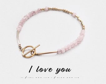 Love Morse Code Rose Quartz Friendship Bracelet - Love is Blind - 14k Gold Filled Toggle Clasp Heart Chakra Bracelet