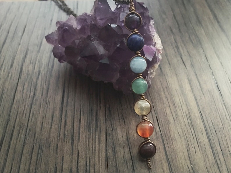 Seven Chakra Pendant Wire Wrapped Gemstone Pendant Chakra Necklace Silver Gold Brass Meditation Necklace Yoga Necklace Reiki Pendant