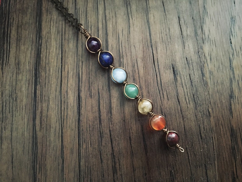 Seven Chakra Pendant Wire Wrapped Gemstone Pendant Chakra Necklace Silver Gold Brass Meditation Necklace Yoga Necklace Reiki Pendant