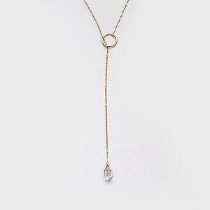 14k Gold Filled Karma Herkimer Diamond Point Dainty Loop Drop Necklace with Circle Charm 14k GF