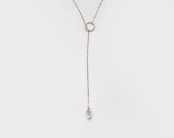 14k Gold Filled Karma Herkimer Diamond Point Dainty Loop Drop Necklace with Circle Charm 14k GF