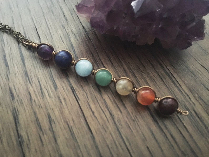 Seven Chakra Pendant Wire Wrapped Gemstone Pendant Chakra Necklace Silver Gold Brass Meditation Necklace Yoga Necklace Reiki Pendant