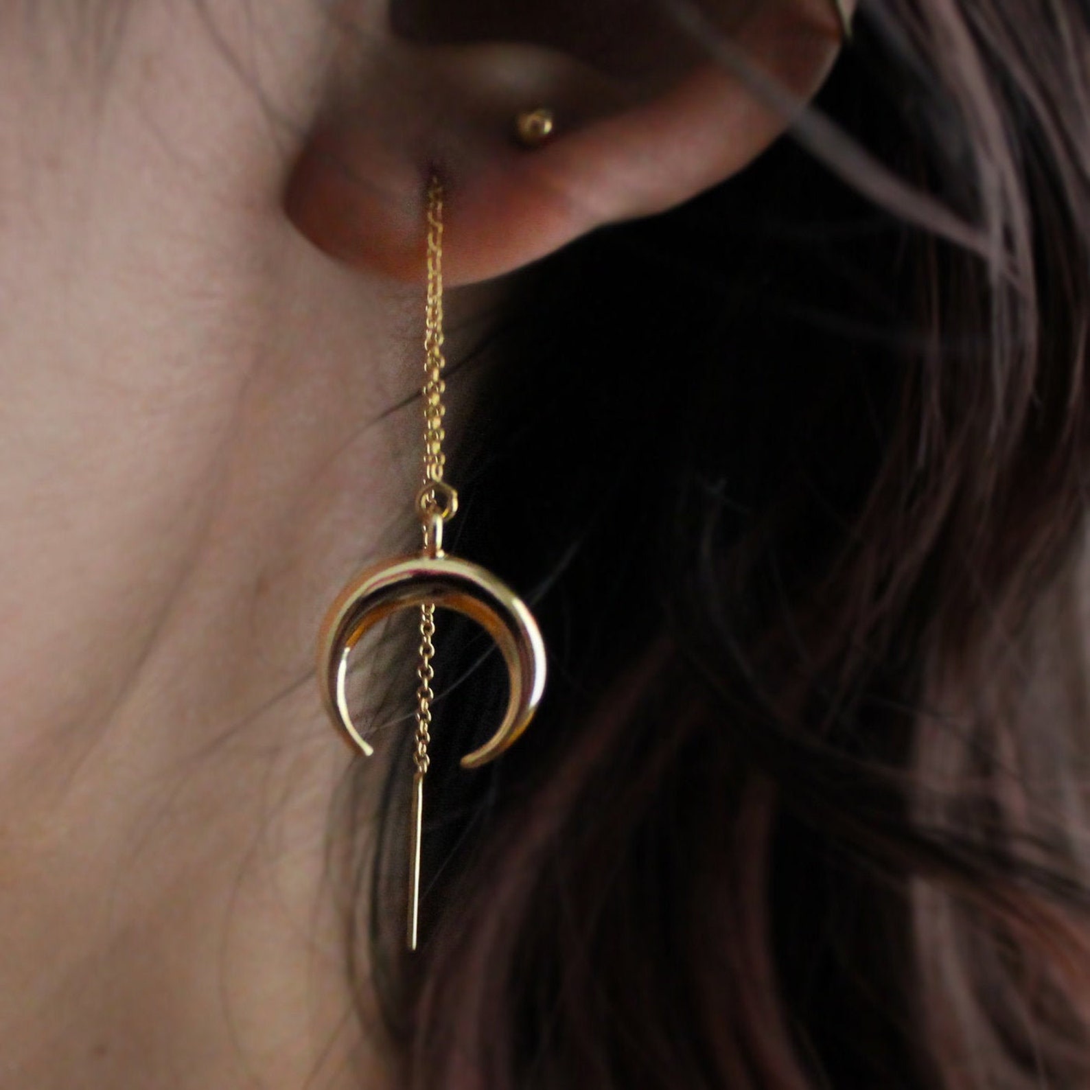 14k Gold Filled Moon Threader Earrings Etsy