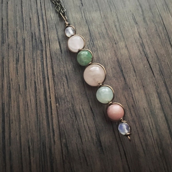 Wire Wrapped Heart Chakra Gemstone Pendant: Rose Quartz, Jade & Opal