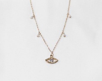 14k Gold Filled Evil Eye Pearl Droplet Necklace