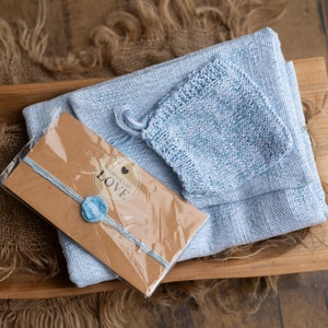 Kit de départ d'accessoires photo RTS bleus pour nouveau-nés, couverture pour bébé en coton tissé à la main, chapeau de lutin, bandeau, taie d'oreiller pour pose (ensemble de 4 pièces).