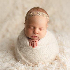 RTS gold braid and tulle headband. Newborn photo prop.