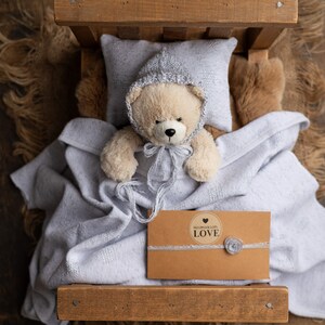 Kit de départ d'accessoires photo RTS gris pour nouveau-nés, couverture pour bébé en coton tissé à la main, chapeau de lutin, bandeau, taie d'oreiller pour pose (ensemble de 4 pièces).