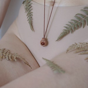 Könnte beinhalten: Ein Holzanhänger mit einem roten Stein hängt an einer braunen Schnurkette. Die Kette wird von einer Person mit getrockneten Farnblättern um sich herum getragen.