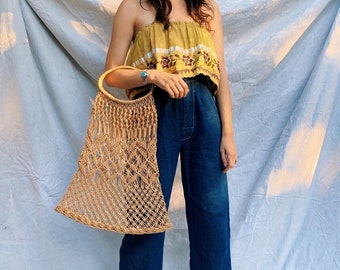 Vintage 1970 Jute Woven Tote | 70's macrame