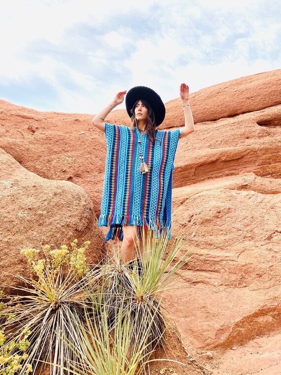 Blue Ridge Mountains Poncho | blue stripe wool cap