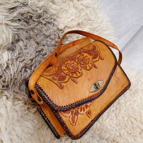 Vintage 1970s Tooled shops Leather Bag