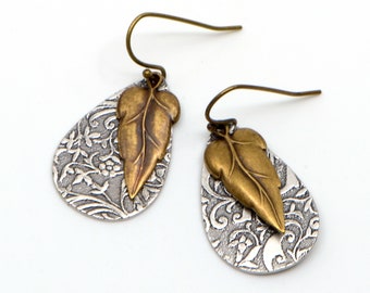 Mixed Metal Teardrop Leaf Earrings Rustic Boho Style Lightweight Nature Inspired Woodland Jewelry. Handmade Jewelry Gift For Her Under 20