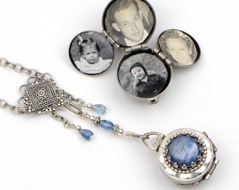 Victorian Kyanite Necklace, Round Multi Photo 4 Picture Locket with Kyanite Gemstone.