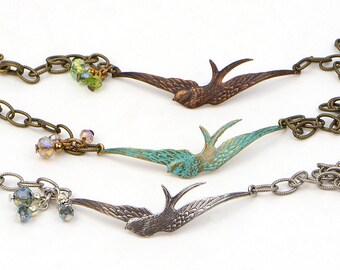 Boho Bird Jewelry Bracelets For Women, Dainty Swallow or Sparrow Bird Bracelet, Choice of Silver, Brass, or Patina, Unique Handmade Gift