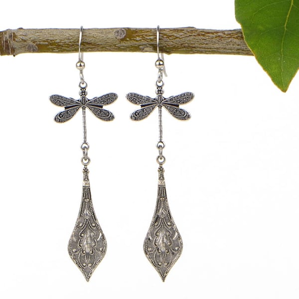 Silver Victorian Dragonfly Earrings, Beauty Gift for Girlfriend, Wife, Mom, Sister, Handmade Everyday Dangle Drop Earrings For Women