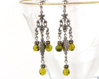 Long Boho Hippie Earrings, Antique Silver with Green Prehnite Gemstone Beads